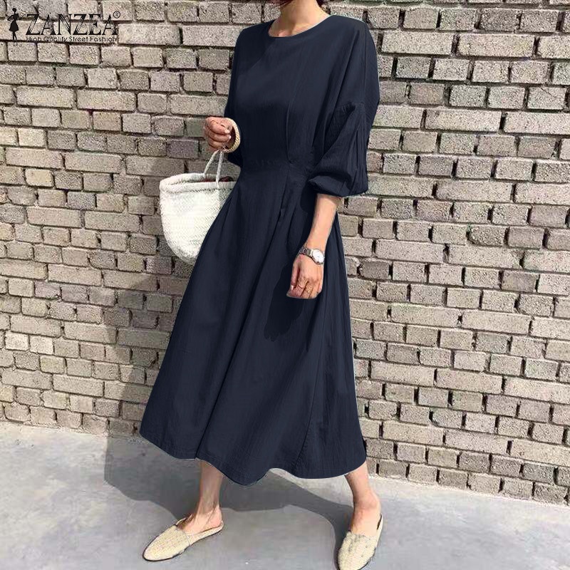 Đầm dài ZANZEA tay dài 3/4 thắt dây eo co giãn thời trang tùy chọn màu sắc dành cho nữ