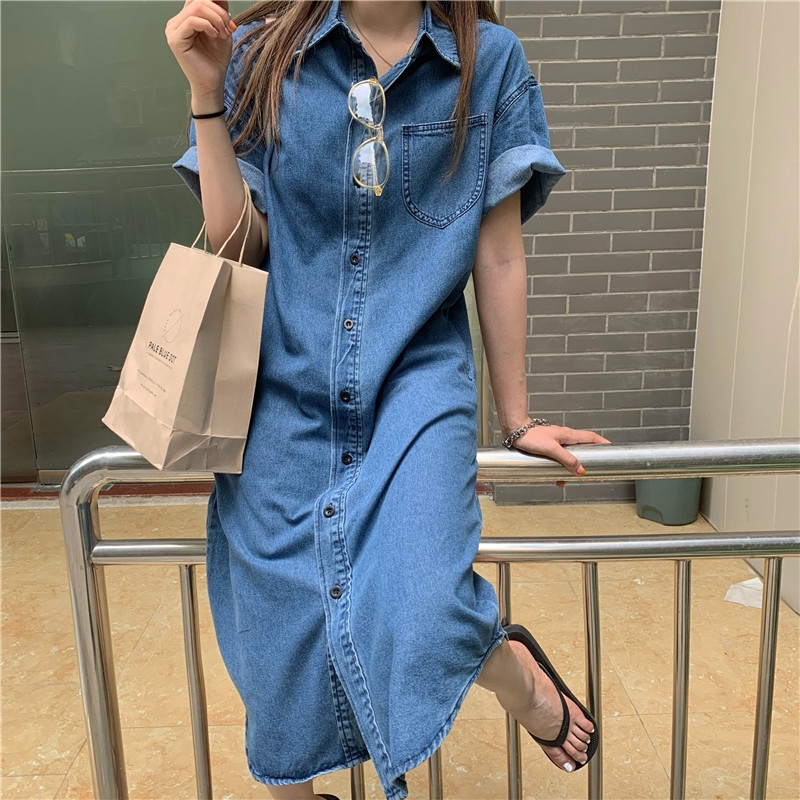 Đầm Denim Dáng Dài Phối Hàng Nút Phong Cách Retro