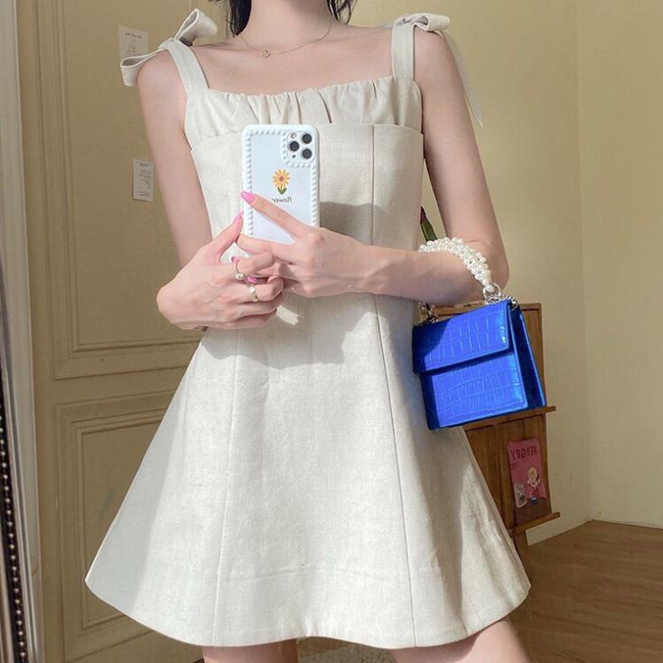 Váy 2 Dây Chất Đũi Dáng Ngắn 3 Màu, Đầm Nữ Hai Dây Vai Thắt Nơ