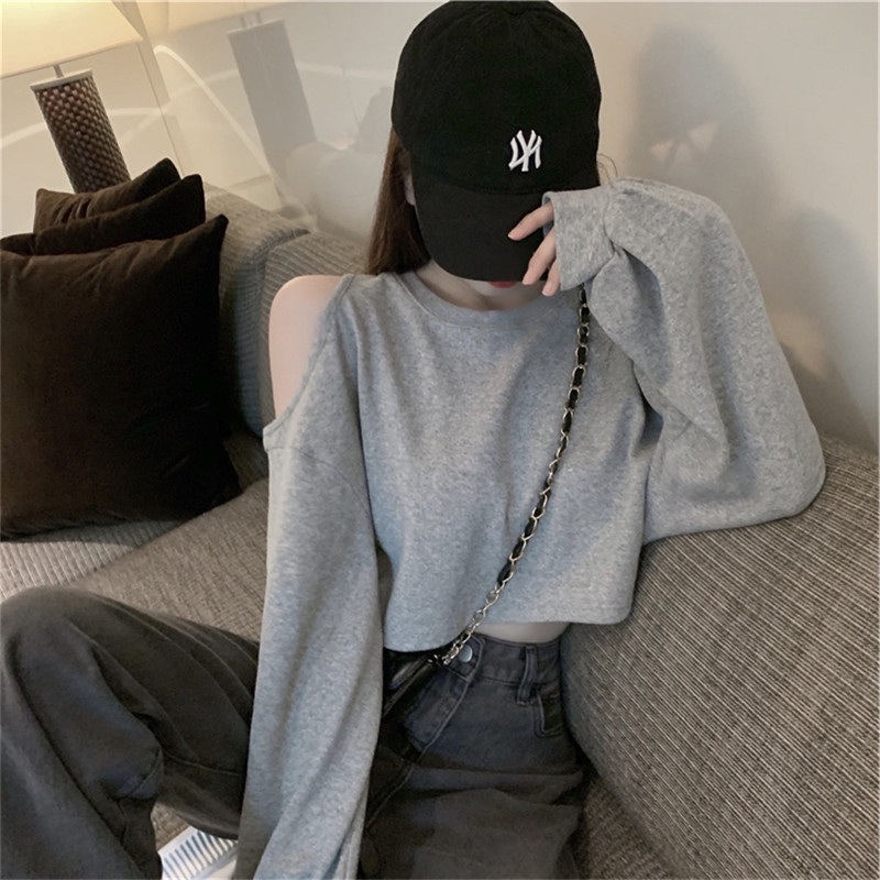 Áo Croptop Aimeehouse Áo thun nữ Tay Dài Trễ Vai Quyến rũ hàng Quảng Châu