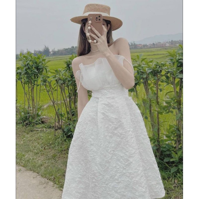 Váy Trắng Hai Dây Ngọc Xốp Vân Nổi Prince Dress