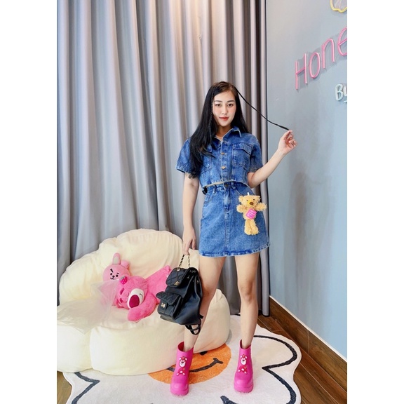 SET BỘ ĐI CHƠI - ÁO SƠ MI DENIM KÈM CHÂN VÁY CÓ GẮN GẤU DỄ THƯƠNG CAO CẤP - CÓ SIZE - HB031 vs HB029