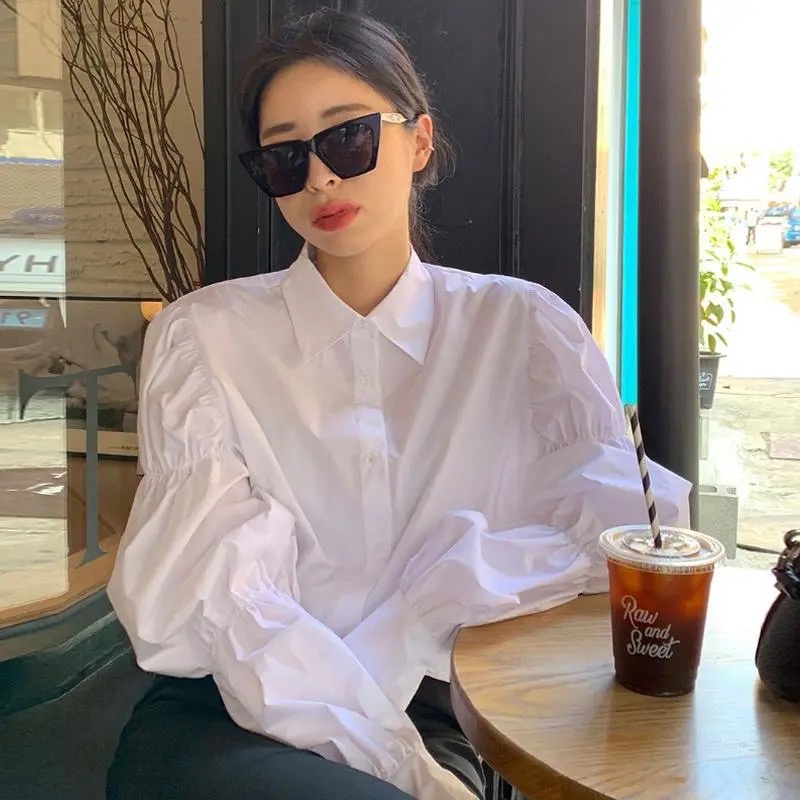Áo Sơ Mi Trắng Tay Bồng Nữ Tiểu Thư Cổ Bẻ Dài Tay Cài Cúc Dáng Công Sở Bánh Bèo Style Hàn Quốc Chất Đẹp Dễ Mix Đồ