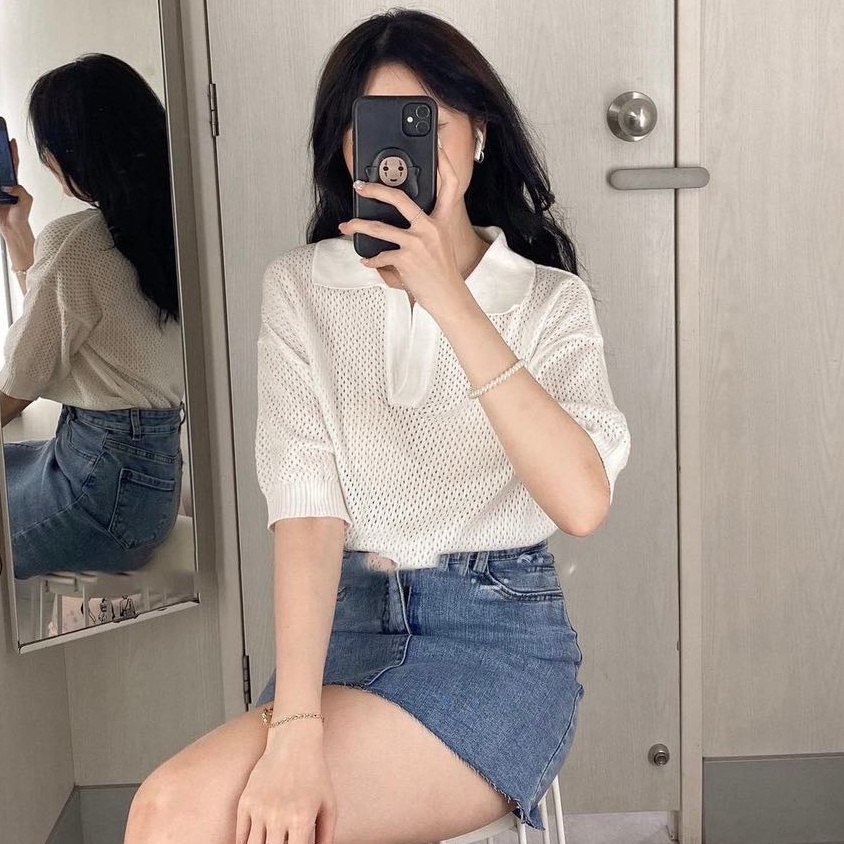 Áo Polo Dệt Lưới, Áo Mongtoghi Trắng Nữ Basic, Labibi