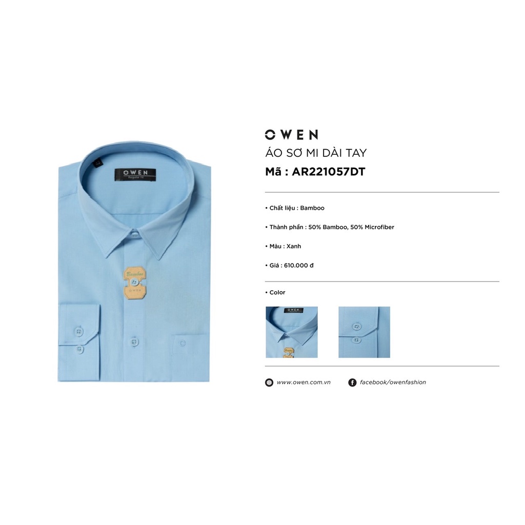Áo Sơ Mi Nam Dài Tay OWEN AR221057DT Somi Công Sở Vải Sợi Tre Cao Cấp Màu Xanh Dáng Regular Fit Tà Lượn Có Túi