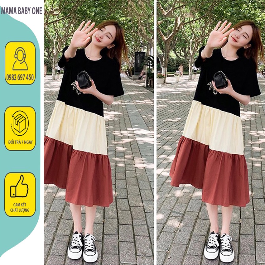 VVÁY BẦU ĐẸP -ĐẦM BẦU V42 THIẾT KẾ DÁNG XUÔNG XÒE PHỐI 3 MÀU, VẢI COTTON THẤM MỒ HÔI, MÙA HÈ THOẢI MÁI.  SIZE 45-75KG.