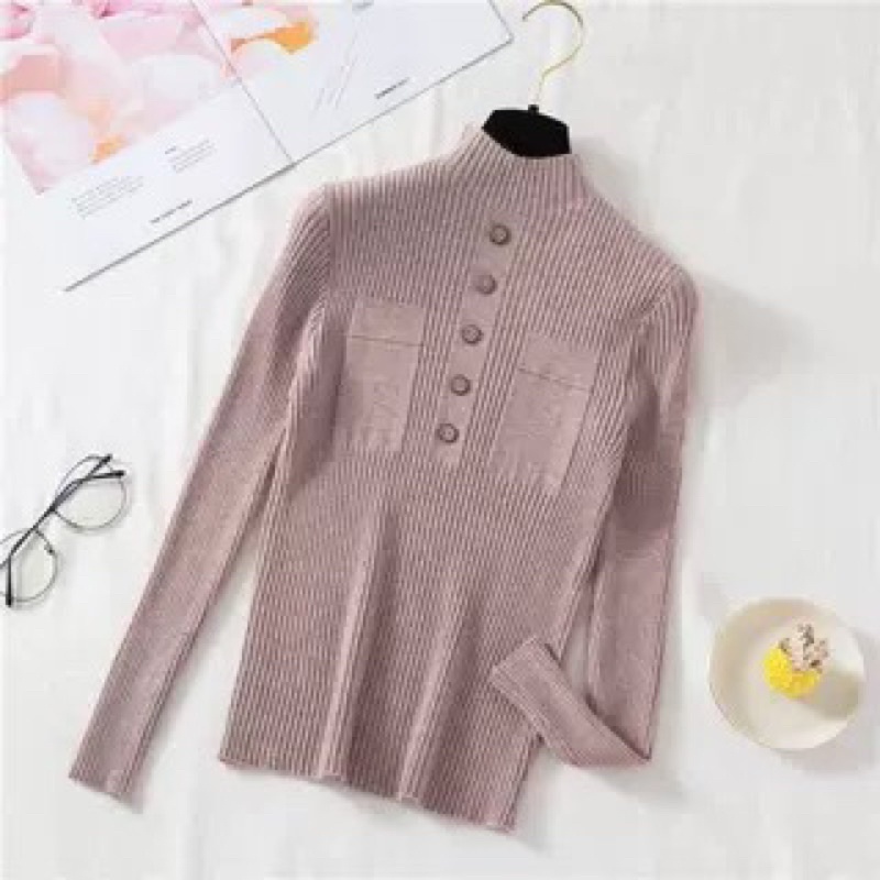 Áo len cổ 3 phân túi 2 bên đính cúc ngực
