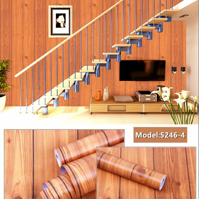 Decal giấy dán tường ván sọc nâu cam khổ 45cm keo sẵn