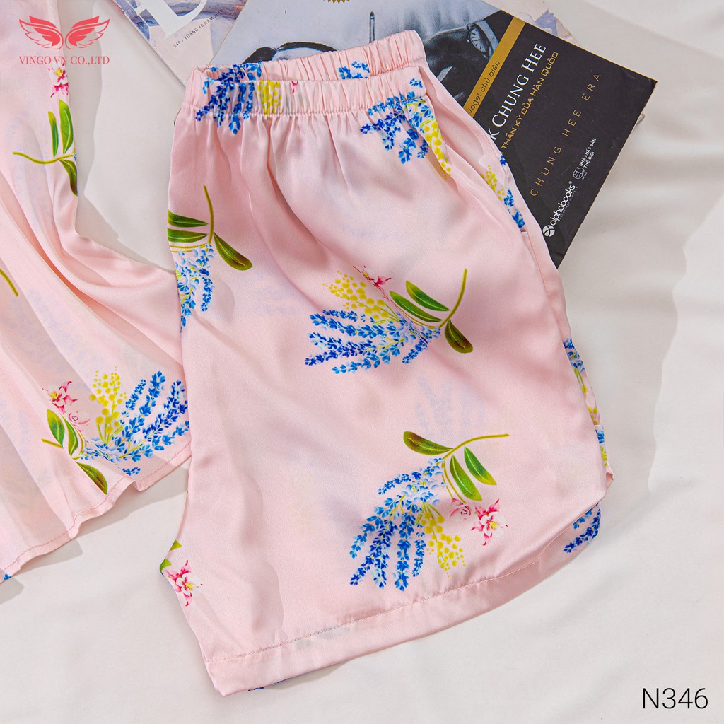 Đồ Bộ Nữ Pijama Mặc Nhà VINGO Lụa Pháp Cao Cấp Áo Hai Dây Cổ Vuông Nhún Ngực Quần Cộc Họa Tiết Tim Cành Hoa N346 VNGO