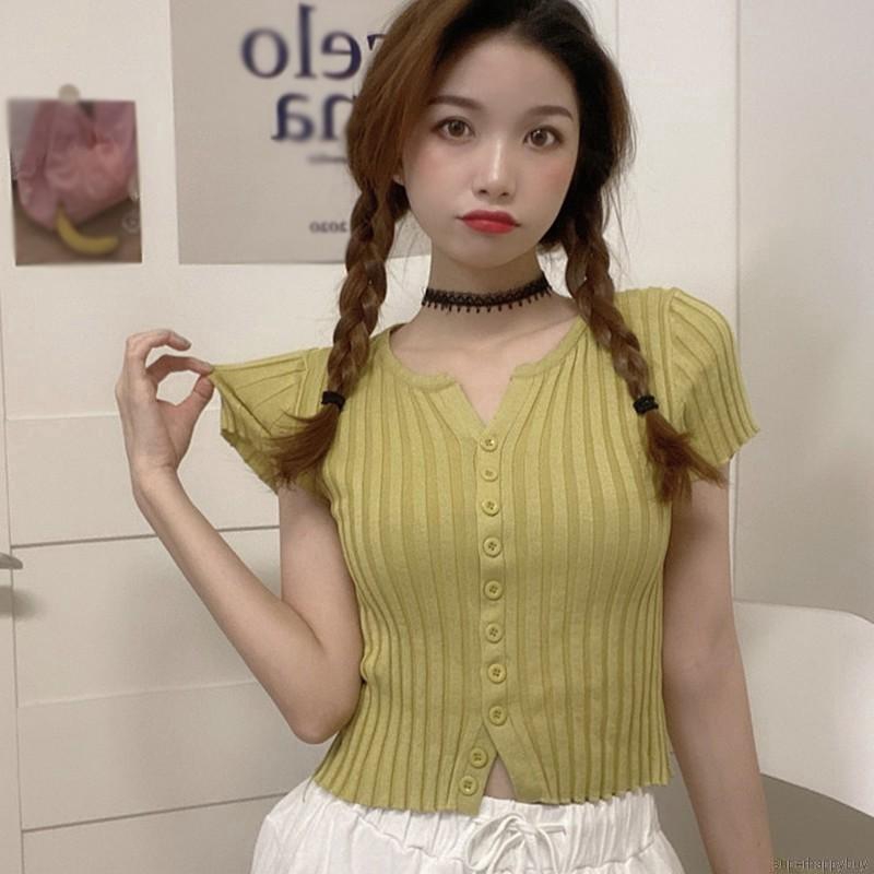 Áo Croptop Dệt Kim Tay Ngắn Màu Trơn Thiết Kế Đơn Giản Hợp Thời Trang