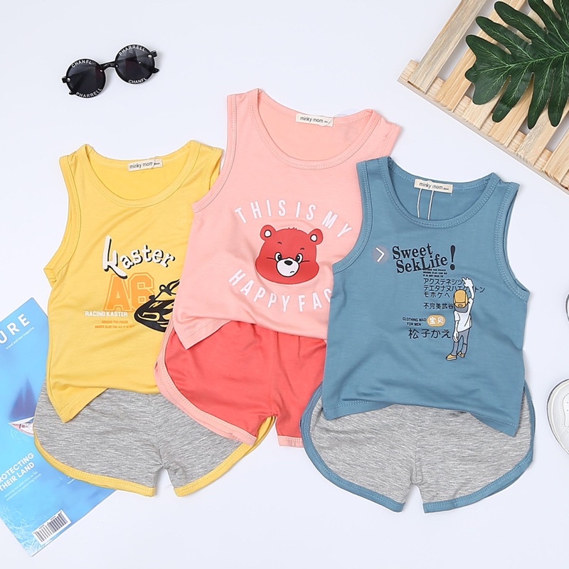 Bộ quần áo ba lỗ sát nách mùa hè vải thun lạnh phối màu bé trai bé gái Minky mom 7-16kg
