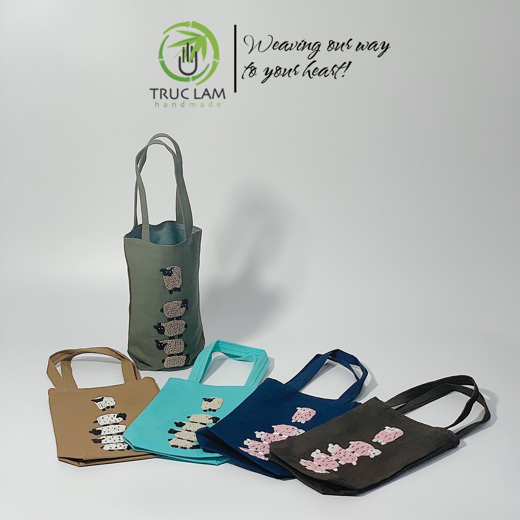 Túi Xách Tay Thêu Họa Tiết 5 Con Cừu Vải Canvas (B) - Trúc Lâm Handmade