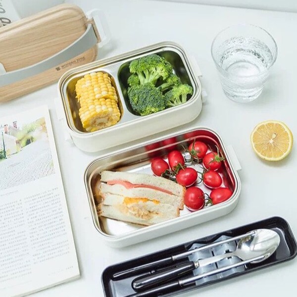 Hộp cơm giữ nhiệt lúa mạch 2 tầng ruột Inox 304 - Hộp cơm văn phòng WOODEN dùng được lò vi sóng