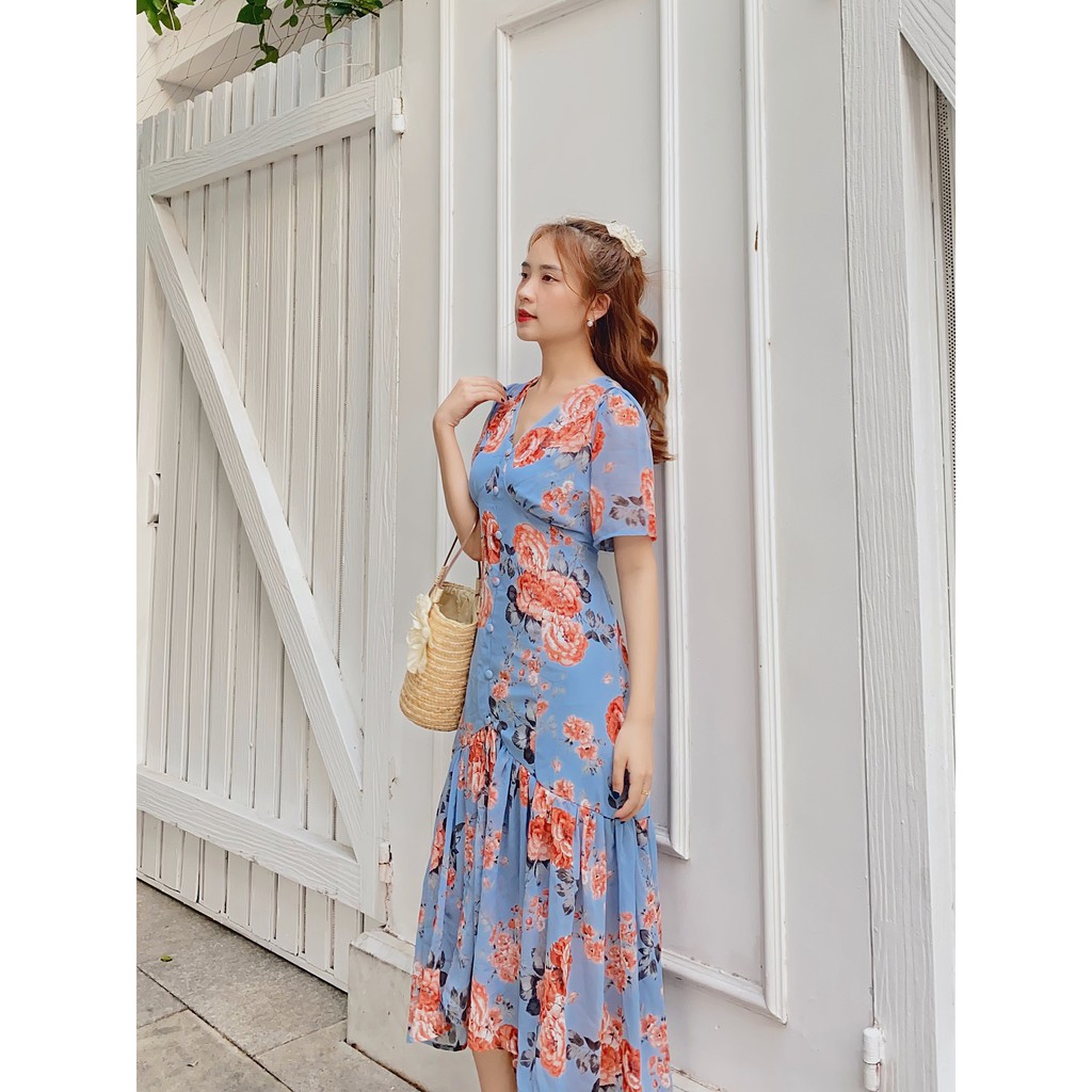 Đầm hoa đuôi cá nút bọc | BigBuy360 - bigbuy360.vn