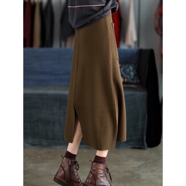 Chân Váy Len Dài Váy Len Midi Dáng A Hai Túi Trước Siêu Xinh
