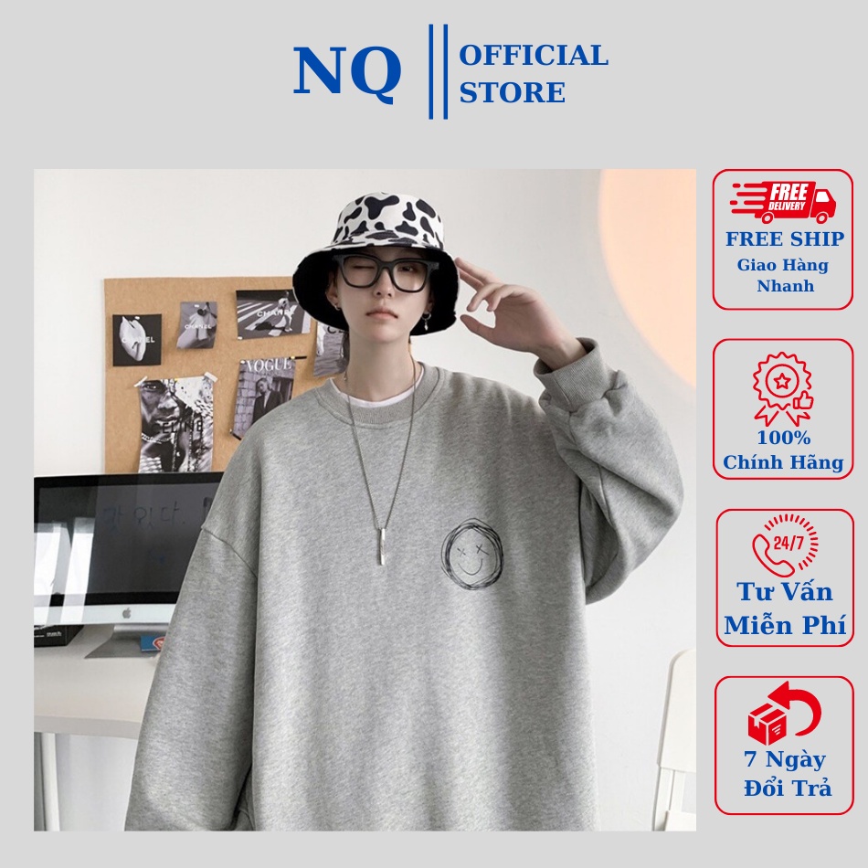 Áo Sweater form rộng vải nỉ , áo nỉ unisex bông siêu dày in hình mặt cười VN siêu đẹp