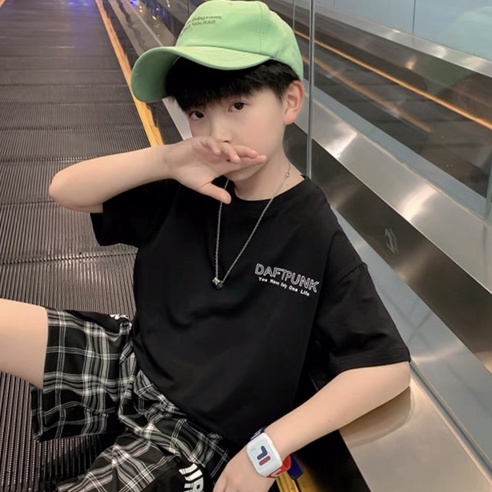 Đồ bộ bé trai CON XINH cotton phối quần caro in chữ DaftPunk,set quần đùi áo thun trẻ em từ 4 đến 10 tuổi