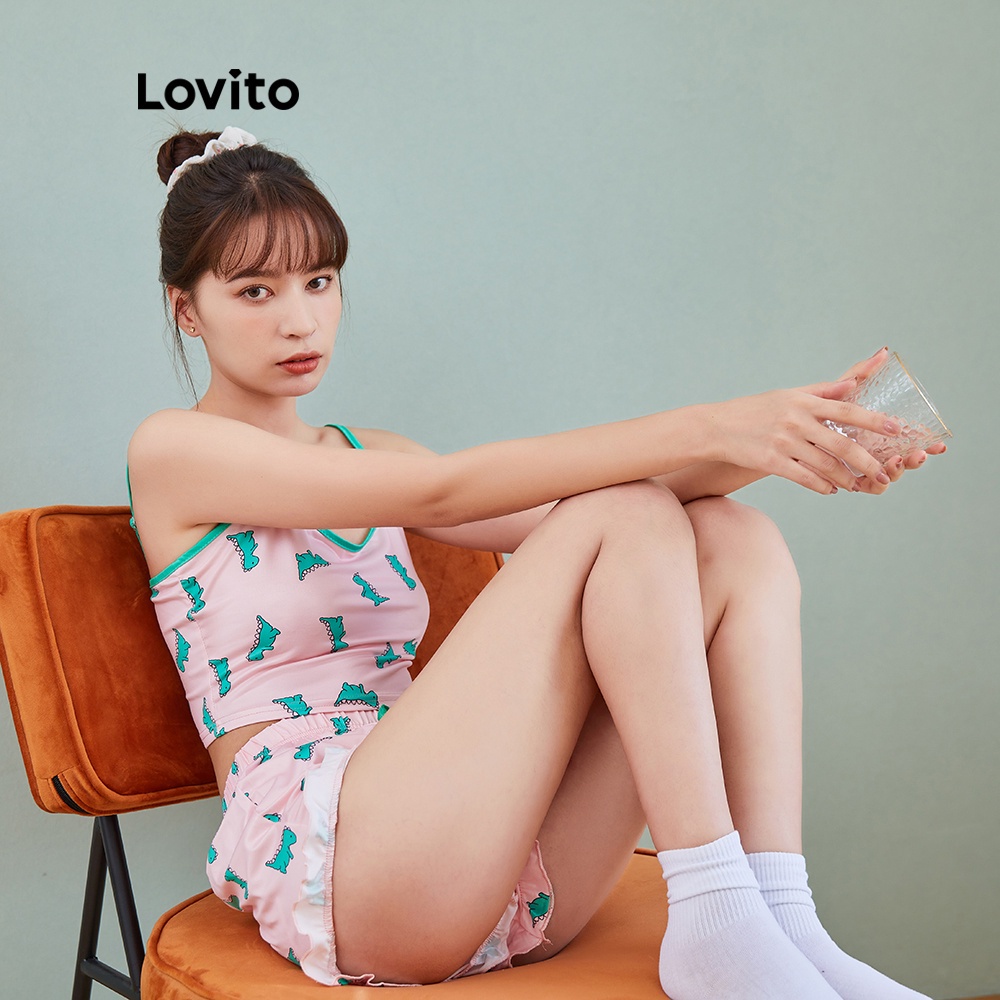 Set trang phục Lovito ôm dáng vừa vặn in họa tiết khủng long thiết kế viền bèo đáng yêu L04103 (màu hồng)