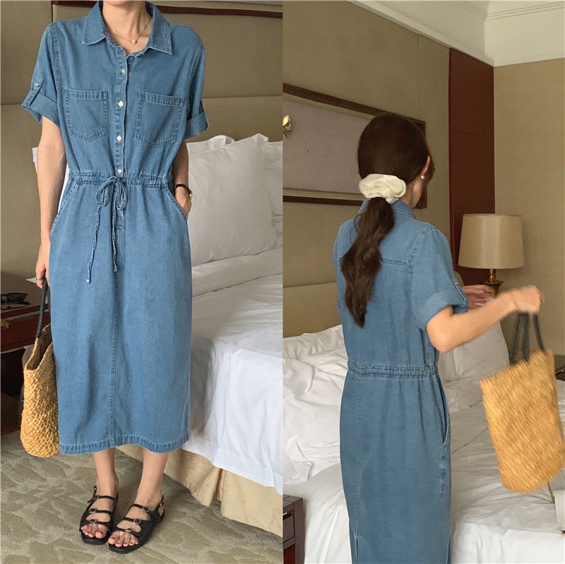 Đầm Denim Tay Ngắn Dáng Rộng Cột Dây Eo Phong Cách Hàn Quốc Thời Trang 52118