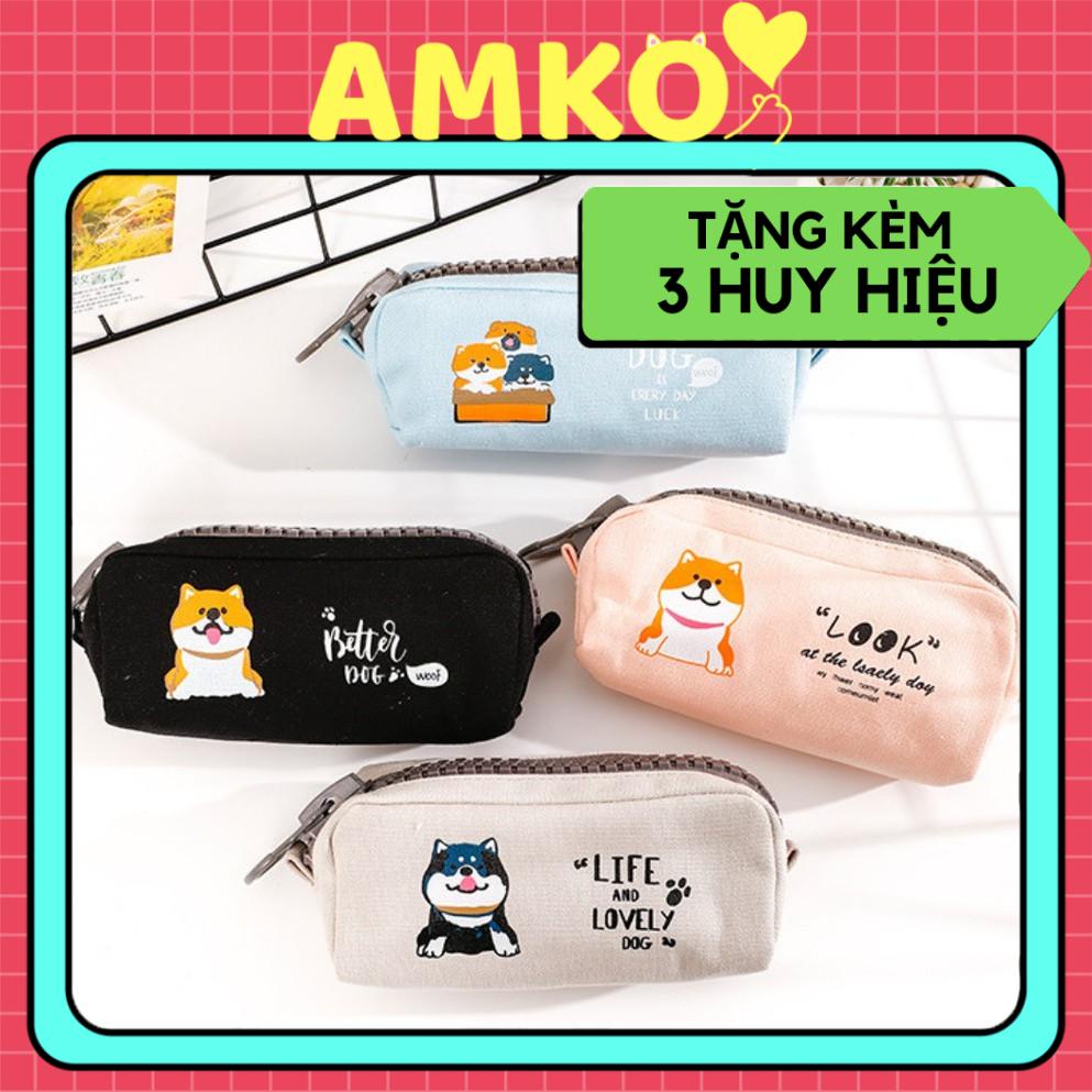 Hộp bút vải đẹp canvas hàn quốc - bóp viết khóa zip nhựa to cute hình chó Shiba dễ thương, túi đựng bút đã năng HBV18