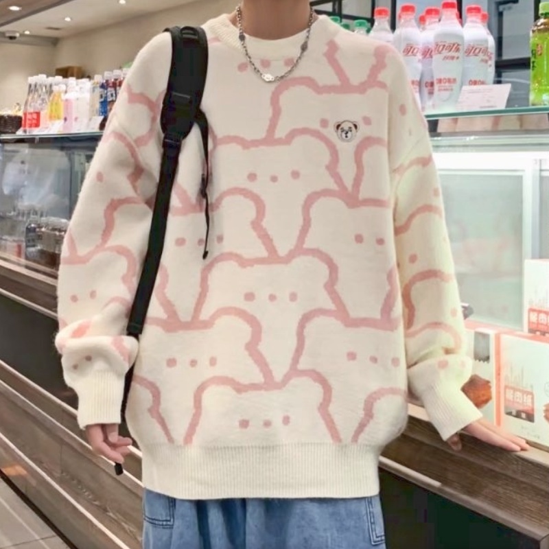 Áo sweater cổ tròn tay dài mềm mại thoải mái in hình gấu hoạt hình phong cách Hàn Quốc cho nam