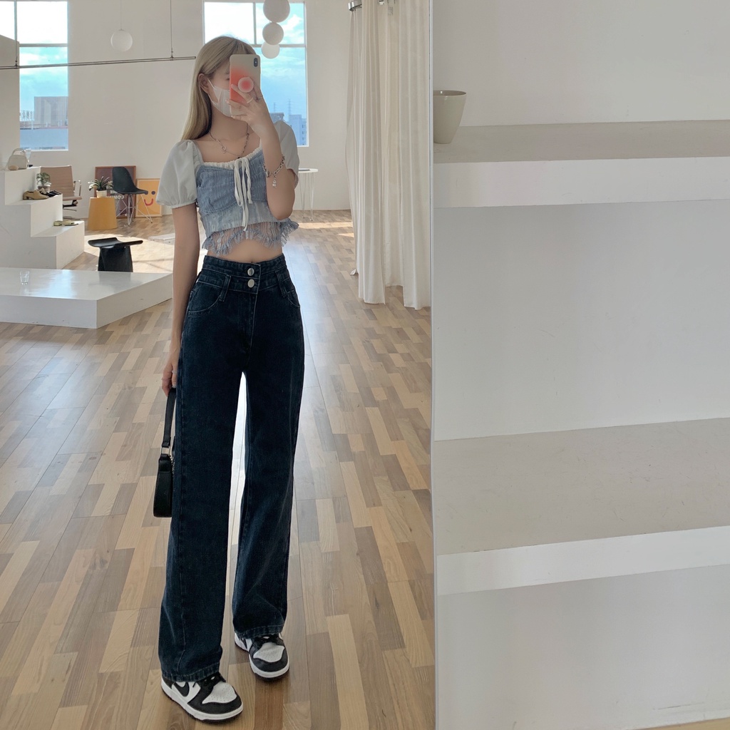 Quần Jeans ống rộng dáng đứng cạp cao màu xanh đậm chuẩn form cực đẹp. Quần bò nữ ống suông chất lượng cao