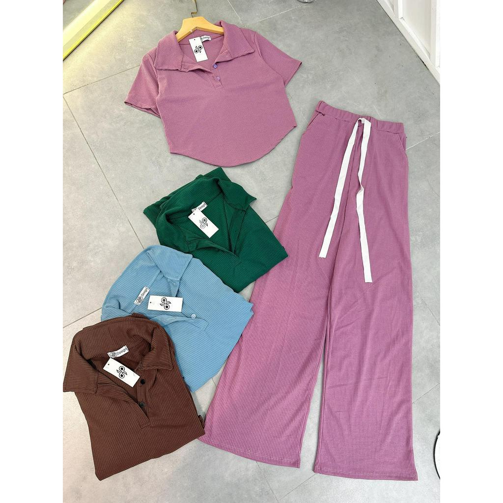 Đồ bộ nữ, set đồ bộ quần ống rộng đai cao có túi và áo croptop ôm lai bầu cổ sơ mi gài nút, bộ đồ mặc ở nhà nữ