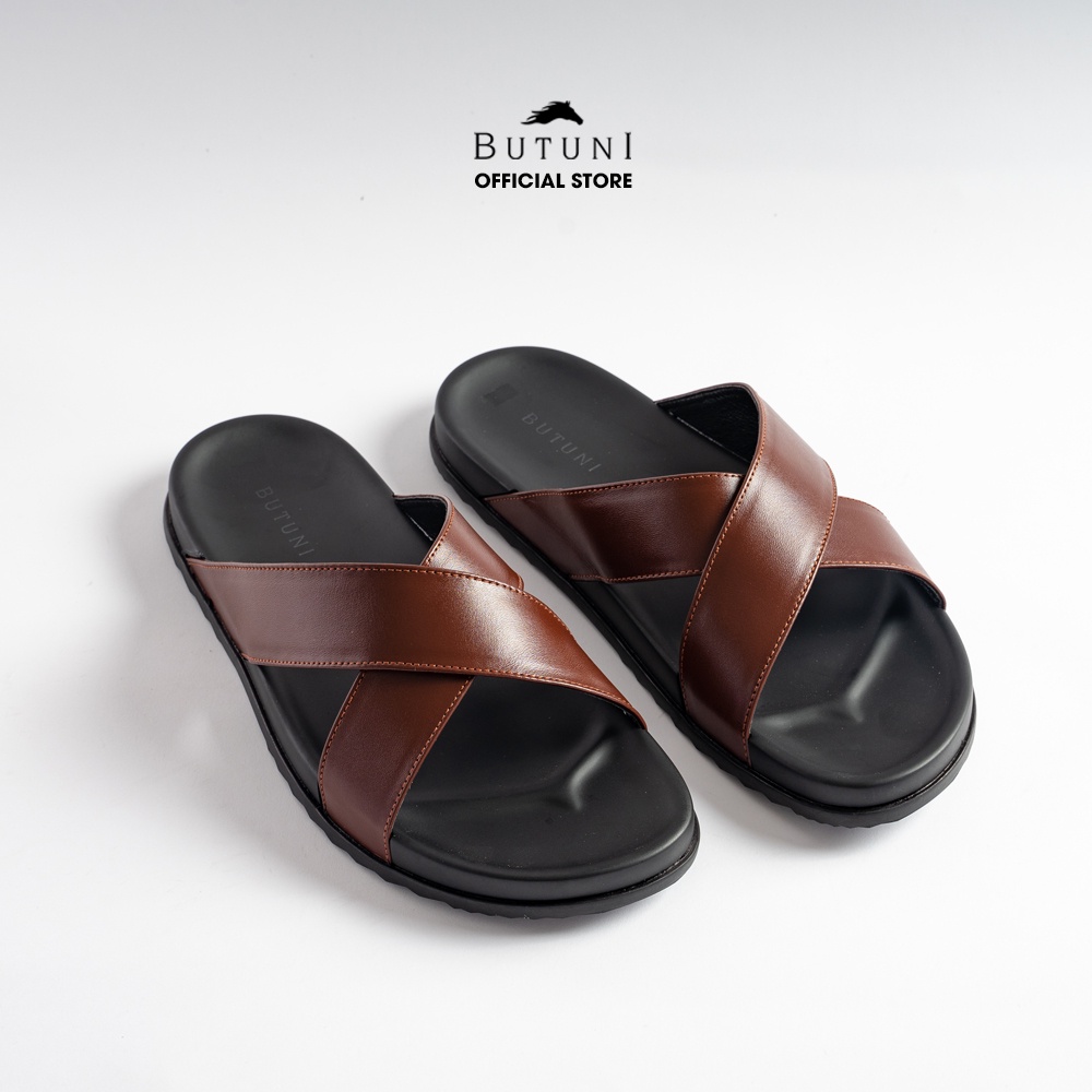 Dép quai chéo da bò full-grain Butuni Cross Slippers - BH da thật 12 tháng - Nâu