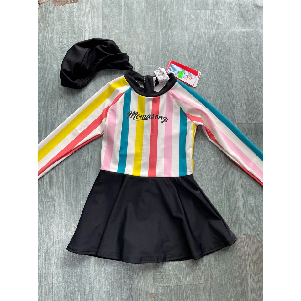 Bộ bơi bé gái dài tay trắng kẻ hồng xanh, liền chân váy, Momasong Korea