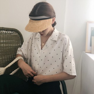 Áo Sơ Mi Tay Ngắn Dáng Rộng Họa Tiết Chấm Bi Dễ Thương