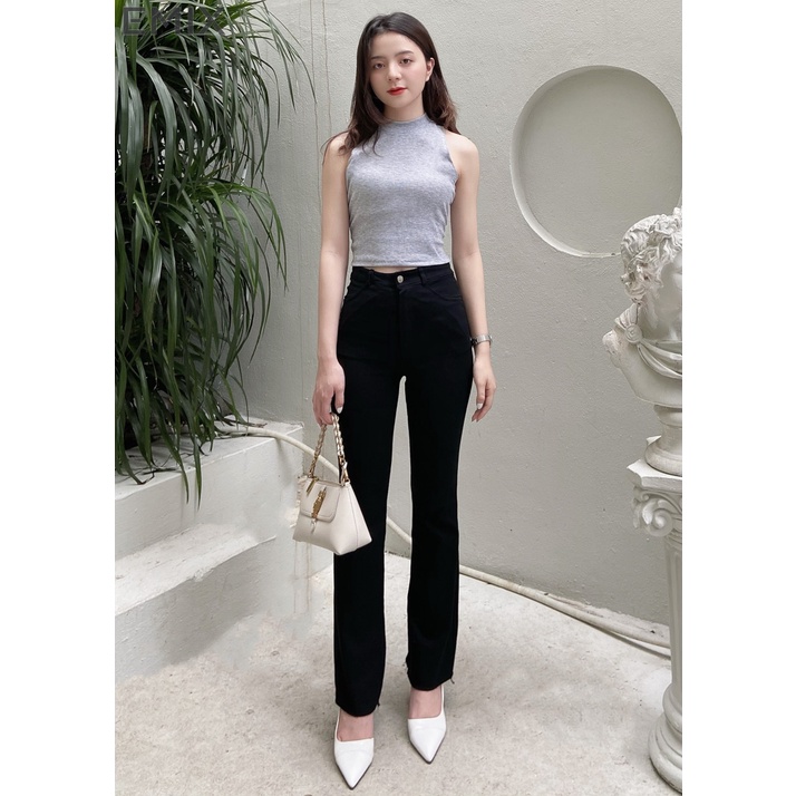 Quần jean trơn ống loe EMIX (màu đen), basic trousers, dáng dài 90cm, cạp cao, khóa giữa, ống ôm và loe, vải jeans 810