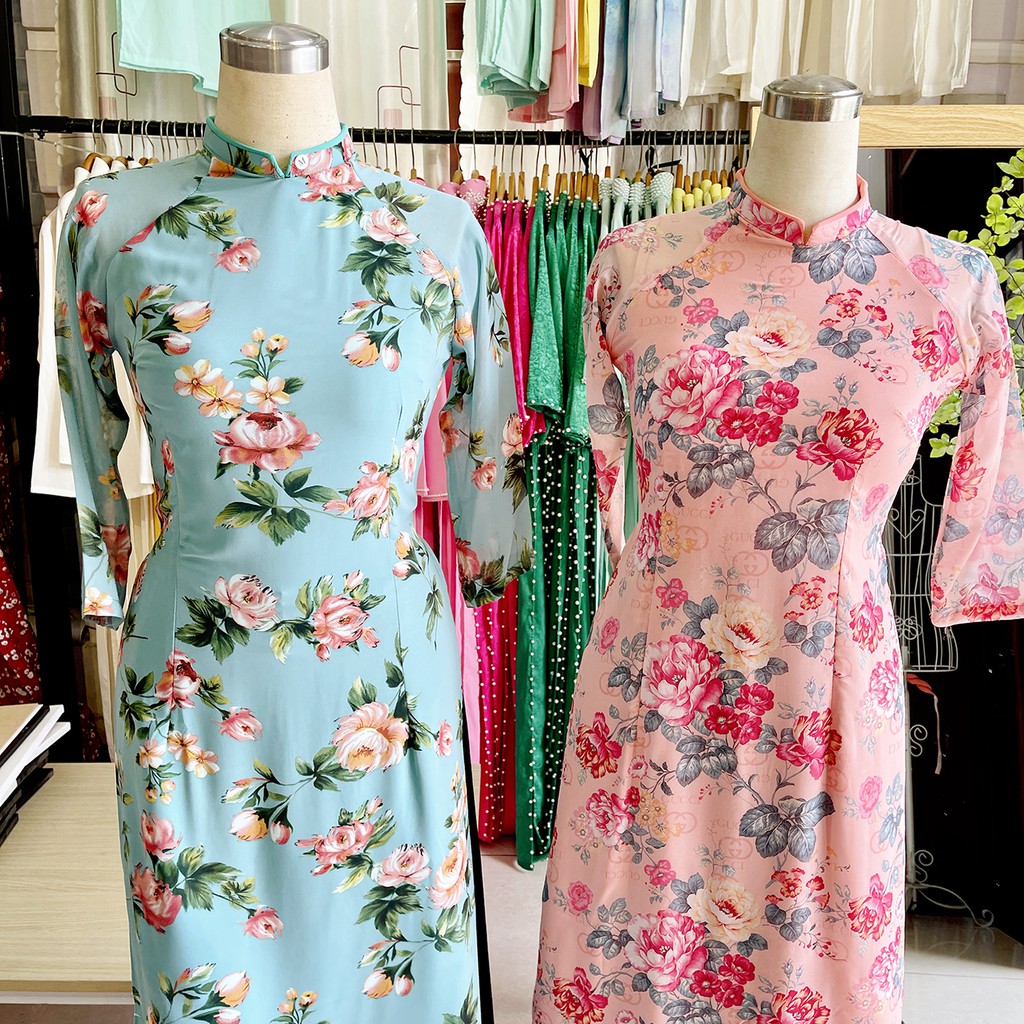 Áo dài 4 tà in hoa vintage retro xinh xắn XANH và HỒNG