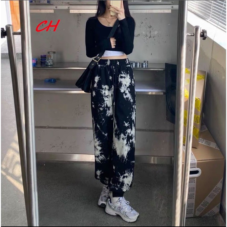 Quần jogger loang ĐEN vẩy sơn, cạp cao co dãn dáng rộng phong cách ulzzang