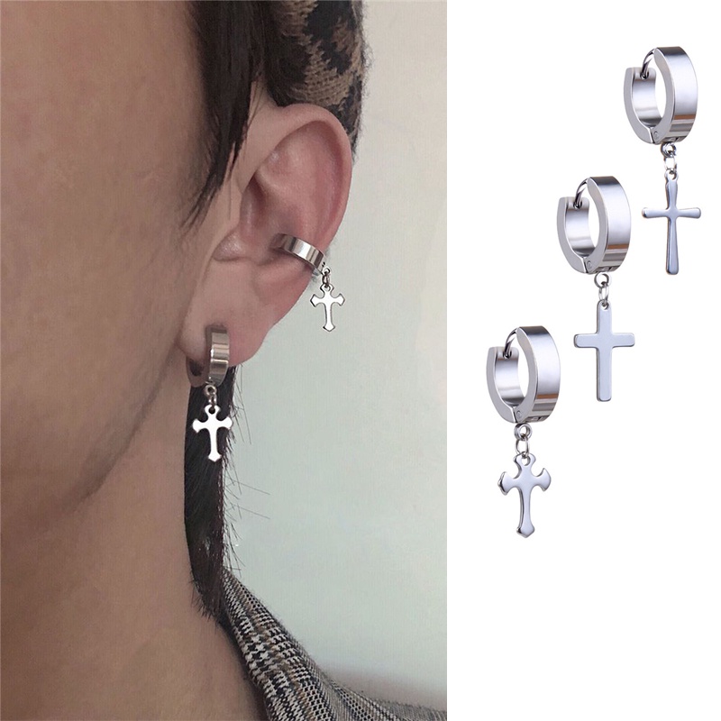 Khuyên tai tròn hình thánh giá bằng thép không gỉ