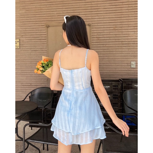 Đầm 2 dây cột nơ ngực xanh biển