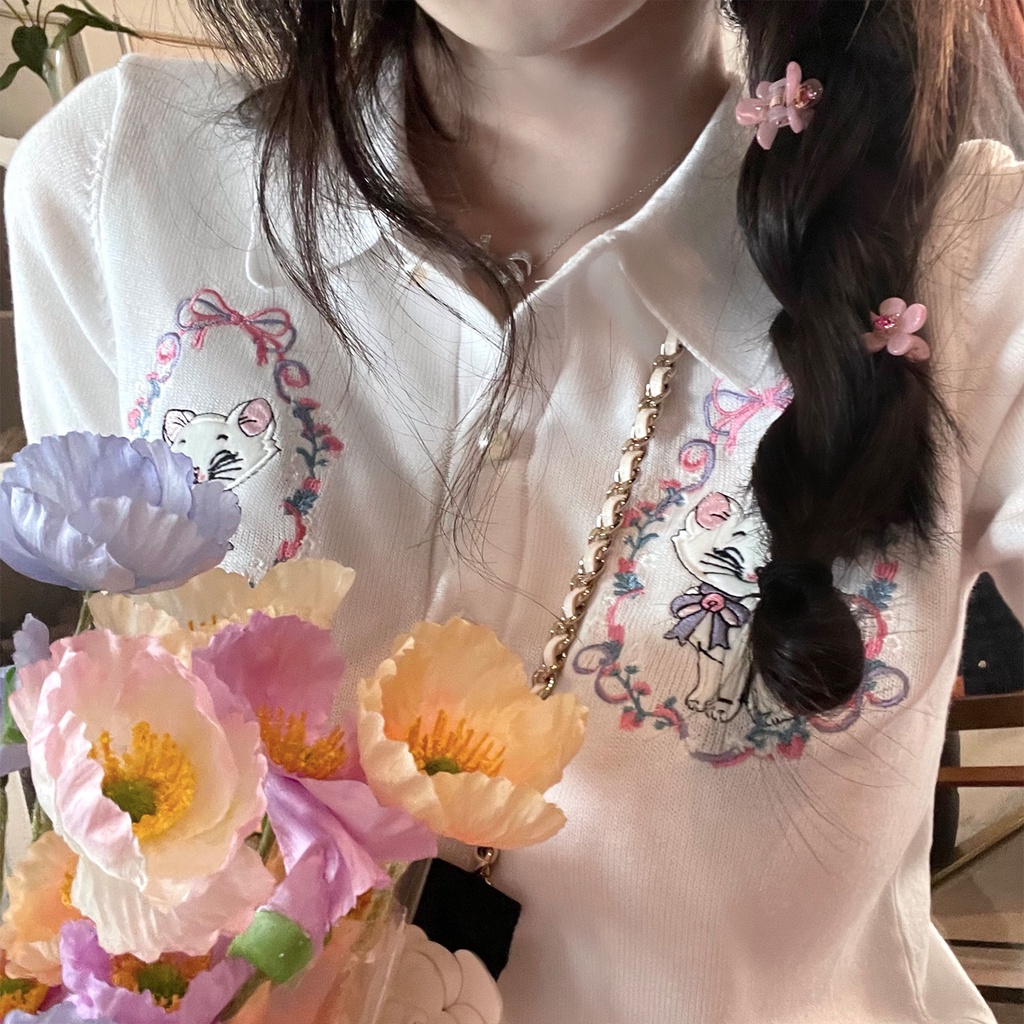 Áo Thun POLO Dệt Kim Tay Ngắn Thêu Hình Mèo 【ZHELIHANGFEI】 Dễ Phối Đồ