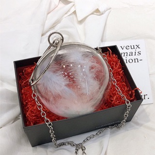 Túi clutch tròn trong suốt lông vũ