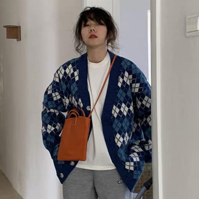 Áo khoác cardigan dệt kim cổ chữ V tay dài dáng rộng họa tiết kẻ sọc caro thời trang phong cách retro 2021