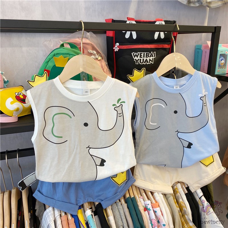 Bộ áo thun sát nách in họa tiết chú voi + quần short thời trang cho bé trai