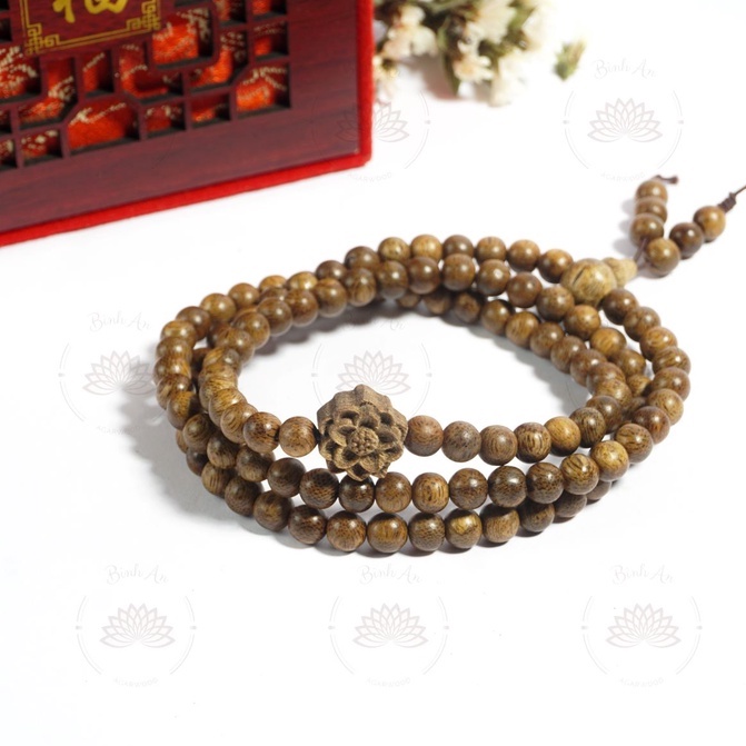 Vòng Tay 108 Hạt Trầm Hương Mix Hoa Sen - Chuỗi Tràng Hạt -Vòng Tay Phong Thủy - Trầm Tốc Việt - 6 7 8 mm