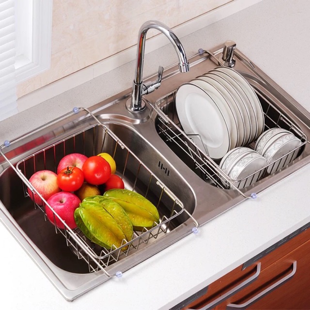 Rổ inox có tay kéo gác bồn rửa bát