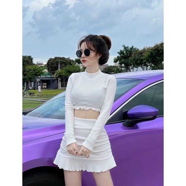 Set áo croptop tay dài kèm chân váy body nhún đuôi cá chất gân tôn dáng