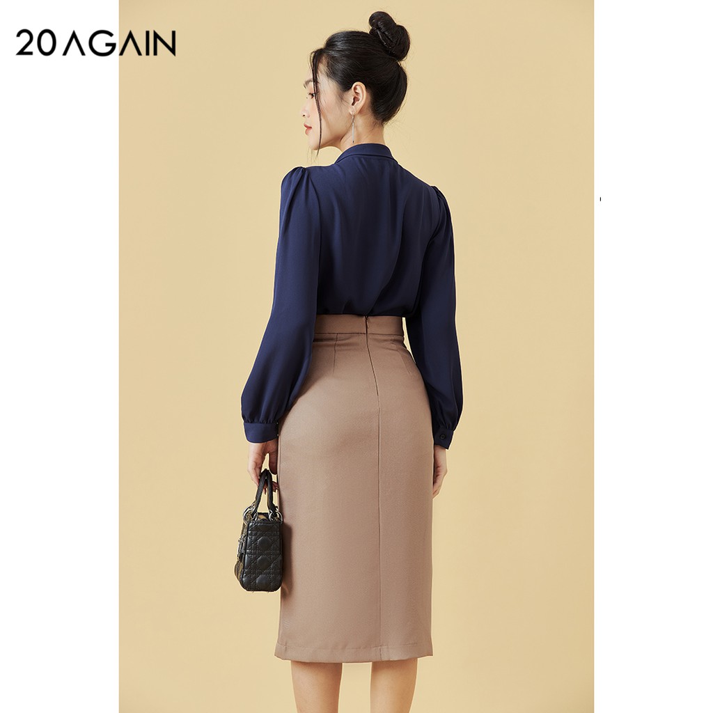 Áo sơ mi nữ dài tay nơ cổ 20AGAIN, tay bồng, gấp ly thân trước ASW0528