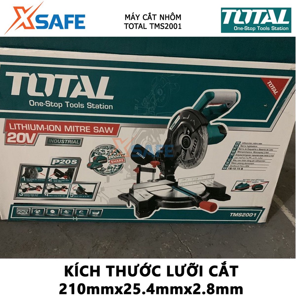 Máy cắt nhôm TOTAL TMS2001 Máy cắt dùng pin 20V Lưỡi cắt 210mmx25.4mmx2.8mm, 3000rpm Cắt góc 45 độ