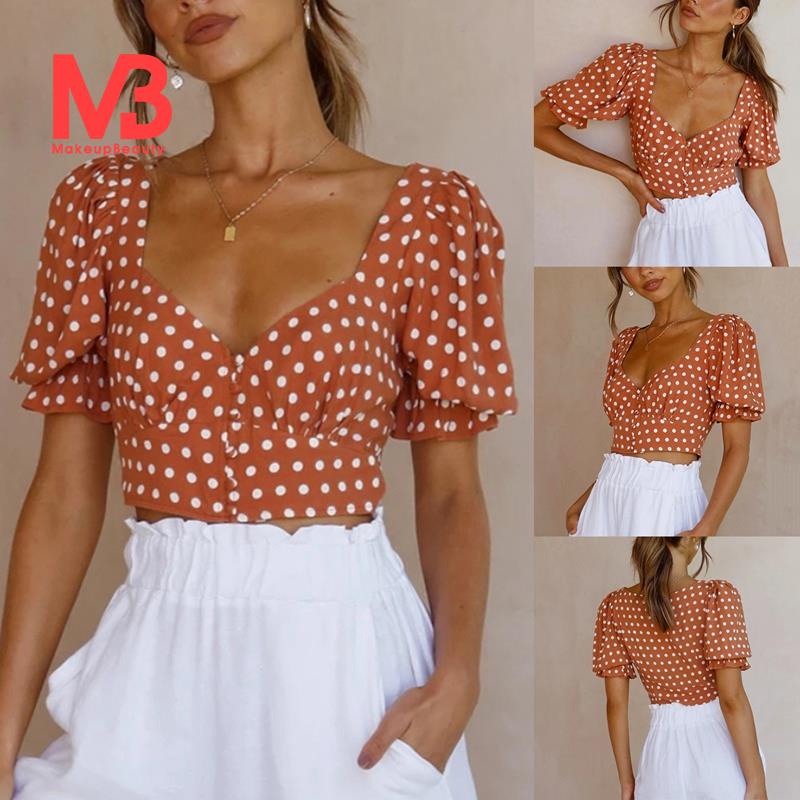 Áo croptop tay ngắn cổ chữ V họa tiết chấm bi thời trang mùa hè cho nữ