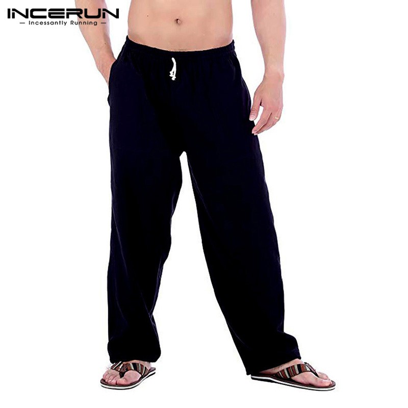 Quần Dài INCERUN Ống Rộng Lưng Thun Màu Trơn Dây Rút Cá Tính Cho Nam