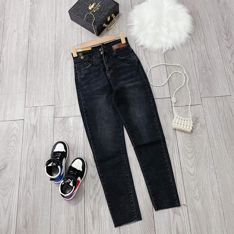Quần Jeans Nữ Mác Da Màu Đen Cạp Cao Dáng Ôm