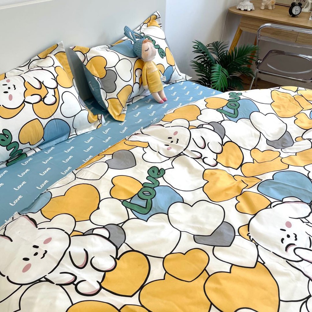 Bộ chăn ga gối phong cách Hàn Quốc - Mèo trái tim ( không kèm ruột )