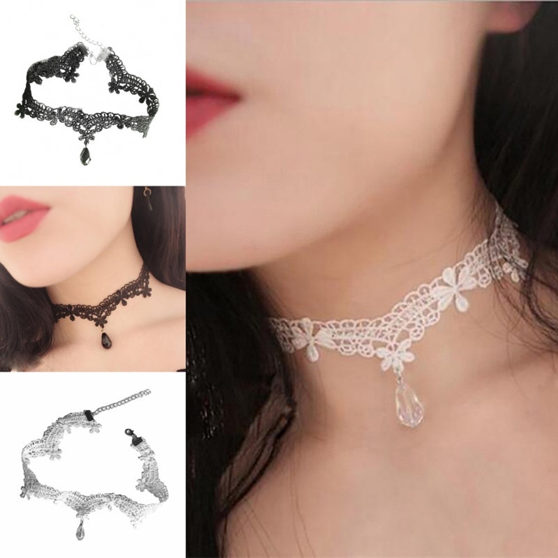 Vòng Cổ Choker Ren Đính Đá Hình Giọt Nước Phong Cách Cổ Điển