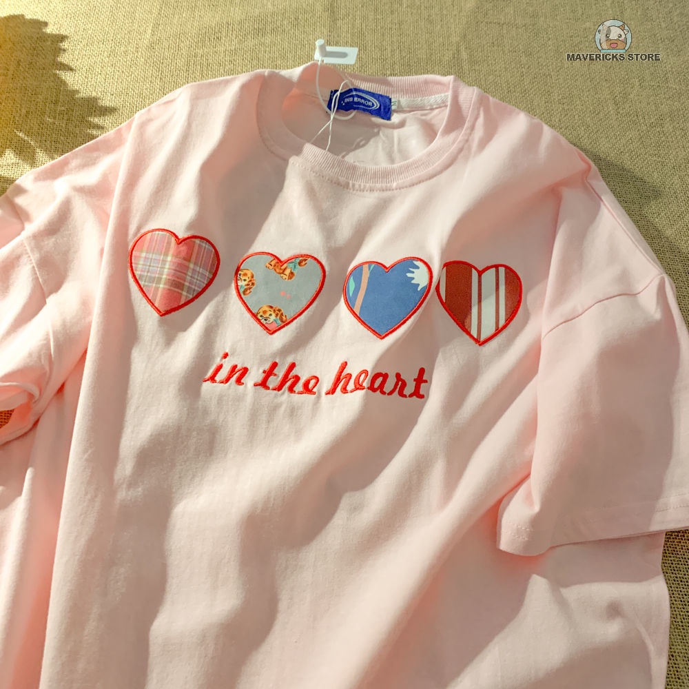 Áo Thun Cotton Tay Lửng Thêu Họa Tiết Trái Tim Xinh Xắn Cho Nữ